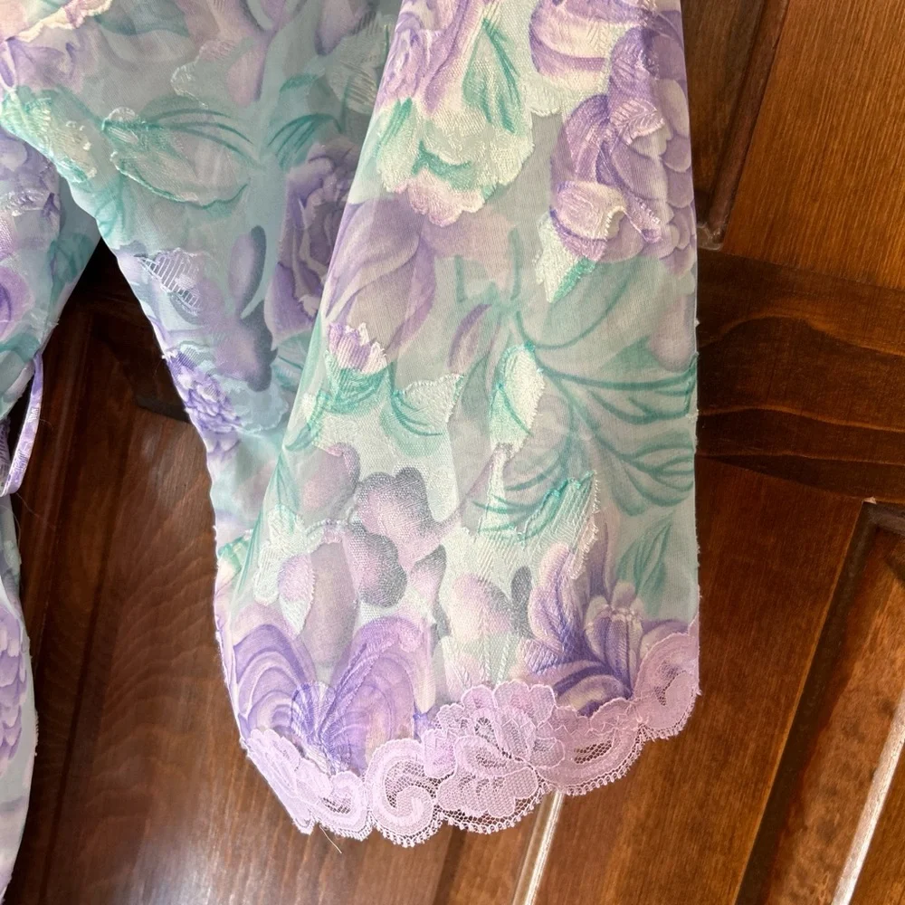 Vtg LA Intimates Robe Large Purple Green Floral Sheer Kimono Cottagecore 80s 90s